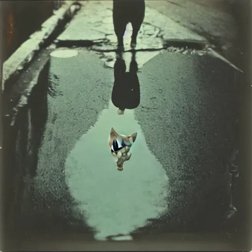 Image similar to wide-shot very low-angle eyesight reflection of a cat in the puddle at the street in Moscow, polaroid photo, by Andy Warhol, signed