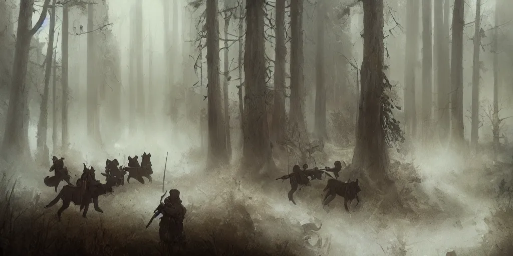 Image similar to a painting of a group of medieval villagers with rifles being attacked by 3 big wolves in a foggy dense forest by greg rutkowski, dark fantasy art, high detail, trending on artstation