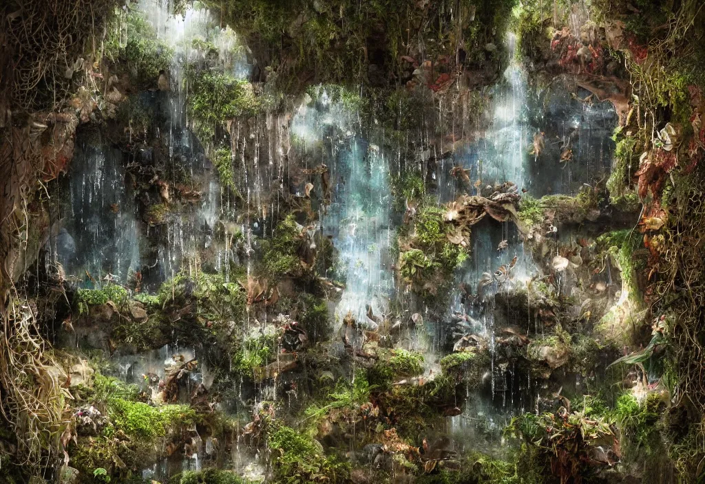 Image similar to Enchanted water Well, plants inside cave, with godray, vale encantado, cave photography lighting by ellen jewett, tomasz alen kopera and Justin Gerard, foam mist water,ruins, building blocks, , diamond texture, intricate mine, tiny sticks,tiny insects, water drops,sap,spider web, sap, nature adornements, nature colors, trending on artstation, volumetric lighting, micro details, ray tracing, 8k