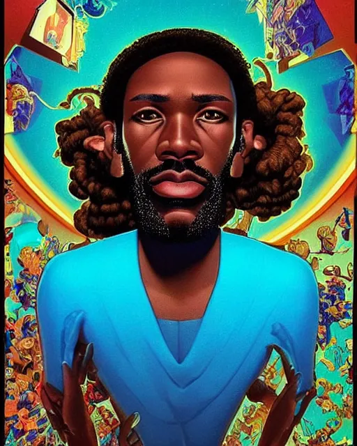 Prompt: stylish caricature 3 d vfx drew struzan movie poster art of an african jesus, retro gaming consoles, art style by james jean & hsiao - ron cheng, unreal engine render, digital illustration, sharp, intricate detail, volumetric lighting, ray tracing, soft light, colourful, claymation style, ernie barnes style, symmetry, acrylic on canvas, pinterest, art