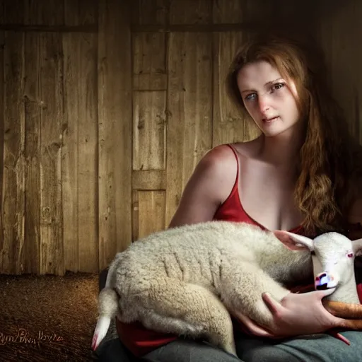 Prompt: a woman nursing a lamb in a barn, dimly lit, night, two red eyes stare at her from the shadows, uhd, 8 k, digital art, award winning,