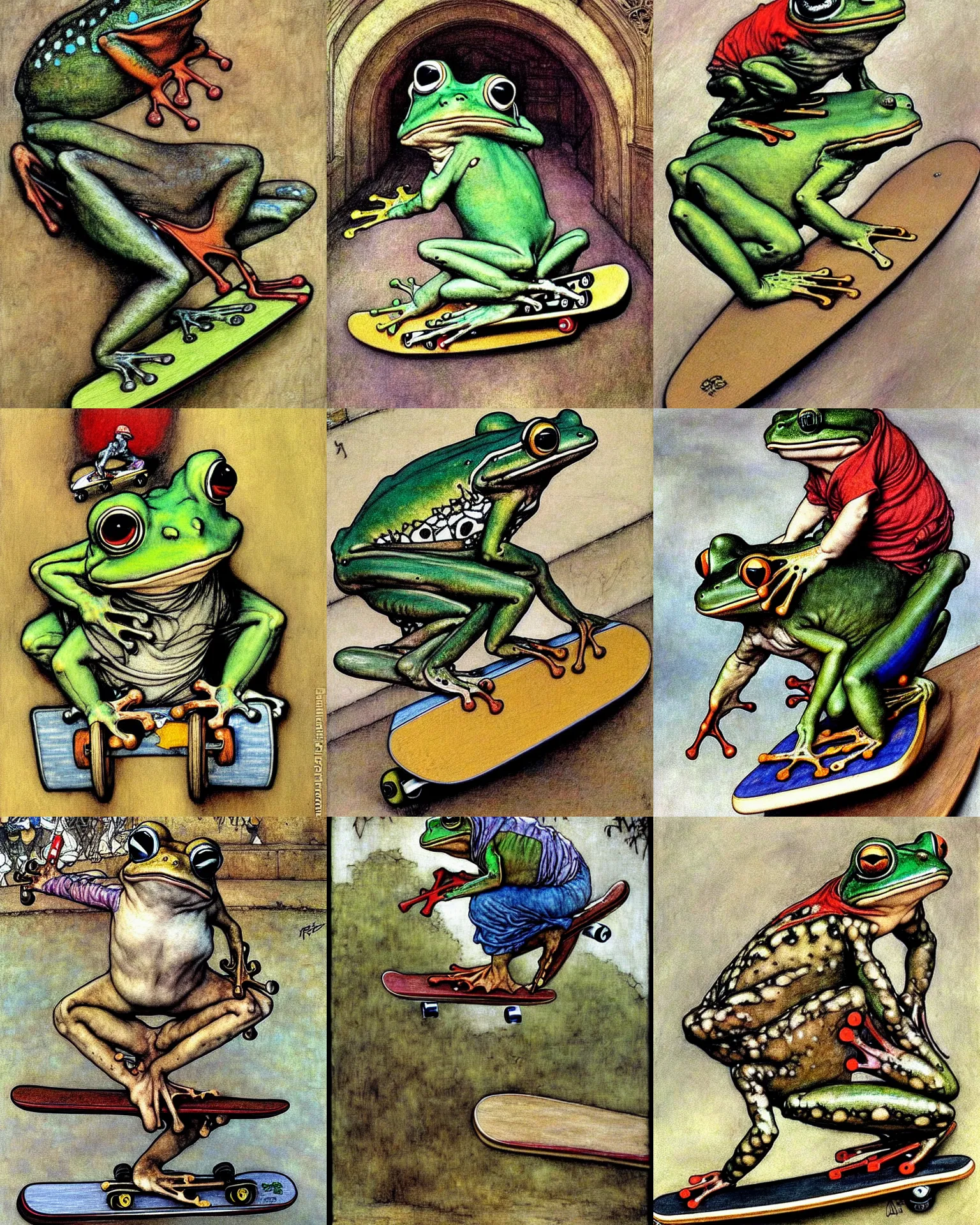 Prompt: painting 1990s Frog riding on skateboard Old school rap, graffiti by Arthur Rackham, Eugene de Blaas, Frederic Leighton