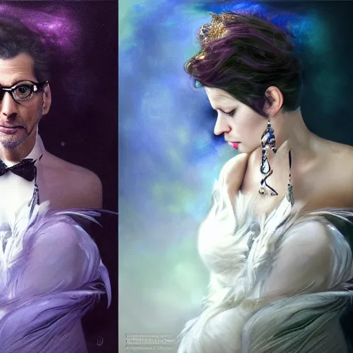 Image similar to hyperrealistic portrait of a man as jeff goldblum posing to noir moon in a white swan dress wearing sapphire jewellery with long feather collar by jeremy mann and alphonse mucha, fantasy art, photo realistic, dynamic lighting, artstation, poster, volumetric lighting, very detailed faces, 4 k, award winning