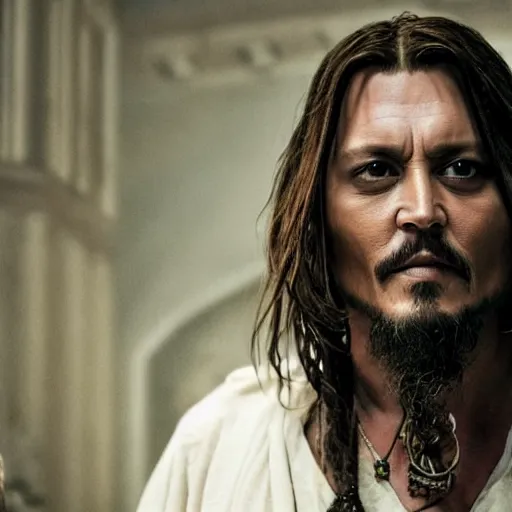 Image similar to stunning awe inspiring johnny depp as jesus christ, movie still 8 k hdr atmospheric lighting