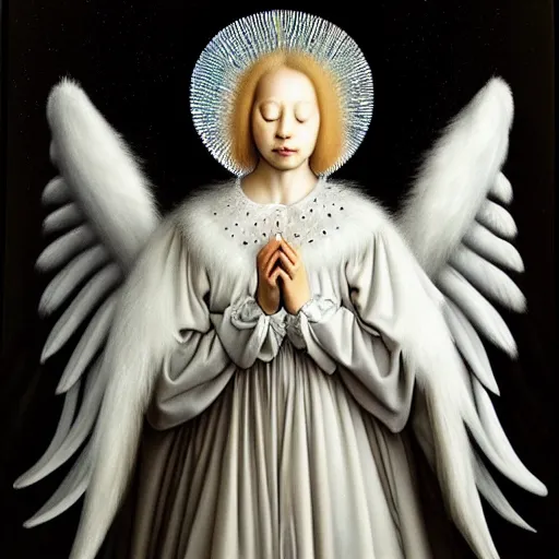 Image similar to highdetailed hyperrealistic painting of white angel!!! no gender!!!, giant ball of miracle light from the chest!!!!!, white sparkles everywhere, 4 k hd fur face!!!, big wings, by jan van eyck, holography space, glow effect, large strokes, white monochrome color!!!!!