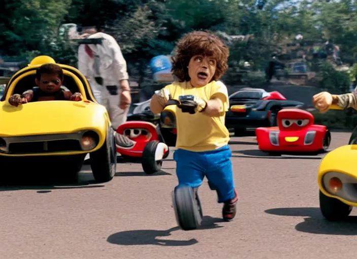 Image similar to peter dinklage racing gary coleman driving a little tikes cars, movie still, from the new fast and furious movie, 8 k, realistic