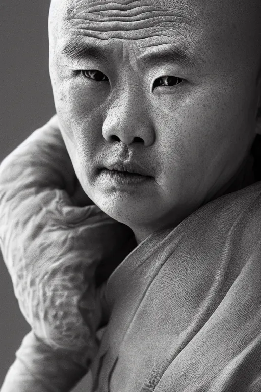 Prompt: an insanely stunning portrait of kungfu master in shaolin temple, motion blurred background, photorealism, cinema still, photography, porcelain skin, wrinkles, smooth, volumetric studio lighting, portrait photography, award winning photography, insane details, 8 k high definition, artstation