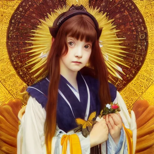 Prompt: Masterpiece portrait of a very young Sakura Kinomoto from Card Captor Sakura drawn by Donato Giancola and Tom Bagshaw, face by Artgerm and Edmund Leighton, Alphonse Mucha, background by James Jean and Gustav Klimt, 4k, french nouveau, trending on pixiv, octane render, hyperrealistic