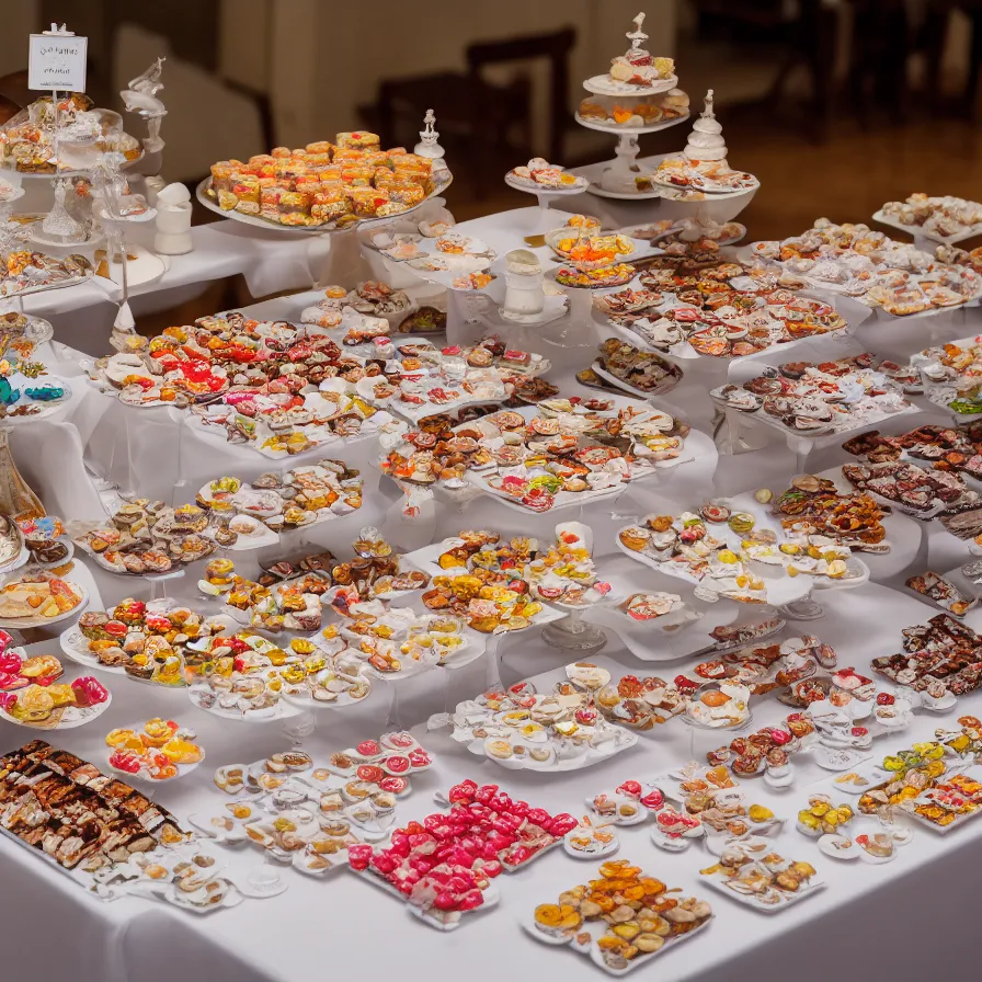 Image similar to a table with a white map full of sweets and bite sized deserts. highly detailed 8 k. intricate. nikon d 8 5 0 3 0 0 mm. award winning photography.