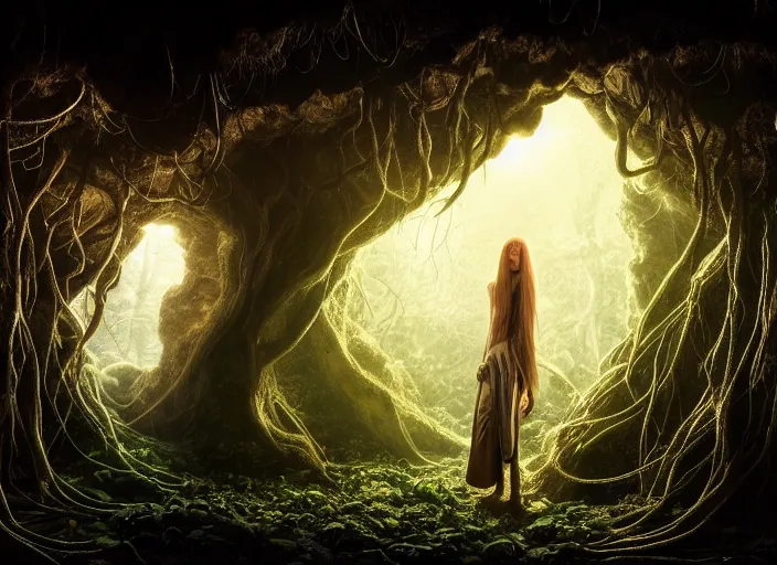 Image similar to portrait photo of roots growing down from a ceiling in an underground cavern wrapped around an elven woman. Fantasy magic horror style. Highly detailed 8k. Intricate. Nikon d850 55mm. Award winning photography.