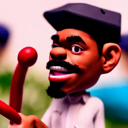 Image similar to a cinematic film still of a claymation stop motion film starring chance the rapper as a college student, shallow depth of field, 8 0 mm, f 1. 8