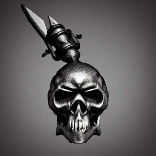 Image similar to a black sword skull handle, ornament, weapon, a 3 d render by dom qwek, studio lighting, front side view, trending on polycount, futurism, hard surface modeling, rendered in maya, 3 ds max, blender, artstation hd, vray