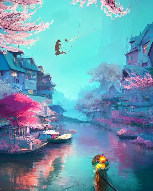 Prompt: a small fishing village on the river | cherry - blossoms | highly detailed | very intricate | serene romantic fantasy whimsical magical | soft bright natural morning light | pixar | award - winning | matte painting by anton fadeev and paul lehr and rhads and alena aenami | pastel color palette | featured on artstation