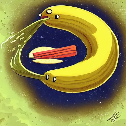 Image similar to Cartoon art of a hungry banana eating a pickle on Saturn, digital art, detailed,