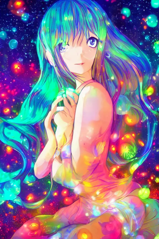 Prompt: psychedelic, whimsical, anime, 4k, beautiful intimate woman with professional makeup, long trippy hair, a crystal and flower dress, sitting in on a reflective pond underneath the stars, rainbow fireflies, trending on patreon, deviantart, twitter, artstation, volumetric lighting, heavy contrast, art style of Ross Tran and Ilya Kuvshinov