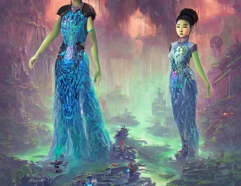 Image similar to southeast asian scifi princess of the cloud forest, wearing a lovely dress with cyberpunk details. this oil painting by the beloved children's book author has an interesting color scheme and impeccable lighting.