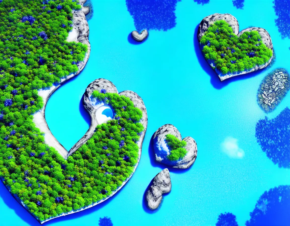 Prompt: realistic wide angle photograph of exotic tree heart / shaped island with blue lagoon, tranquil scene, trending on artstation, featured on pixiv