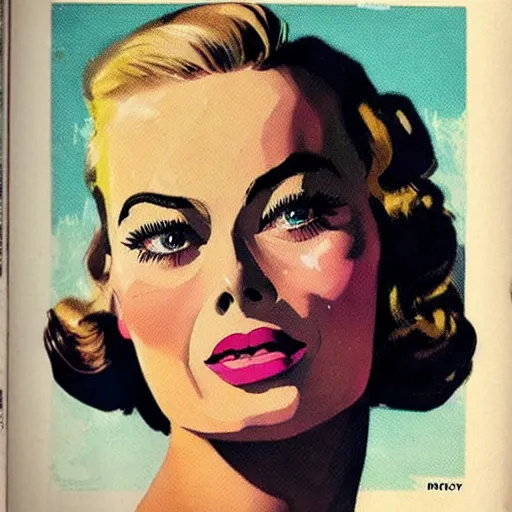 Image similar to “Margot Robbie portrait, color vintage magazine illustration 1950”