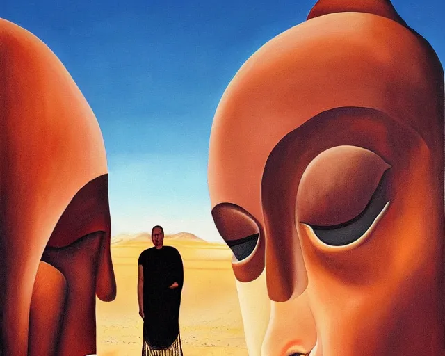 Image similar to a surreal painting of a man meeting giant buddahs eyes in the desert