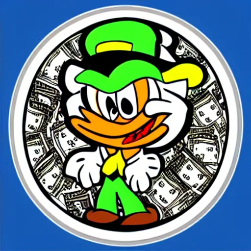 Prompt: sticker of uncle scrooge surrounded with dollar bills, stylized