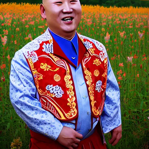 Image similar to surreal photography of smiling north korean kim chen in is wearing traditional - ukrainian folk shirt designed by taras shevchenko.