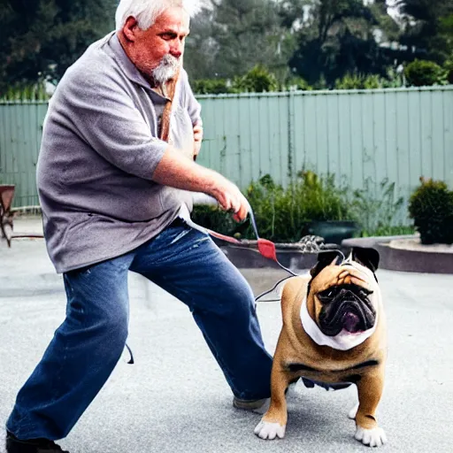 Prompt: Buddy the graying middle aged homeless man fighting with a crowned royalty english bulldog over an xbox controller, photo by Wes Anderson