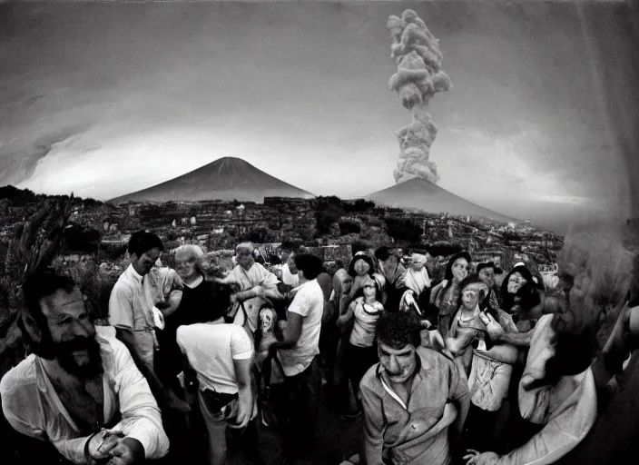 Prompt: quality old photo of average greeks drink wine and have fun against the backdrop of mount vesuvius starting to erupt by sebastian salgado, fisheye 4, 5 mm, diffused backlight