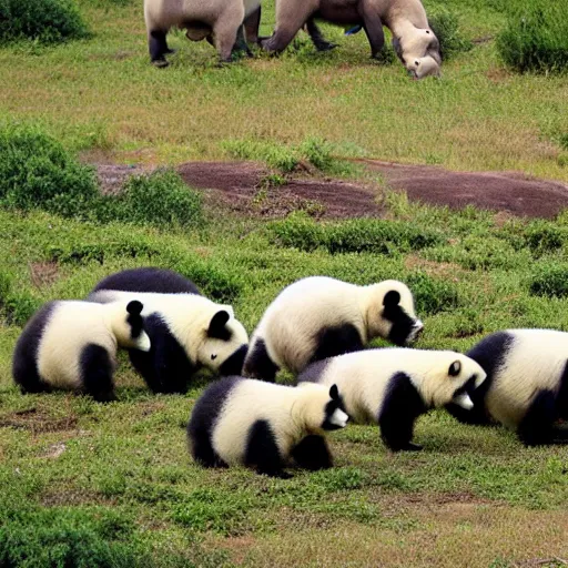 Image similar to a herd of hundreds of panda bears in the african savannah.
