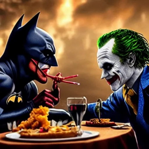 Prompt: A still of Batman and The Joker having dinner together, 4k, ultra realistic, detailed