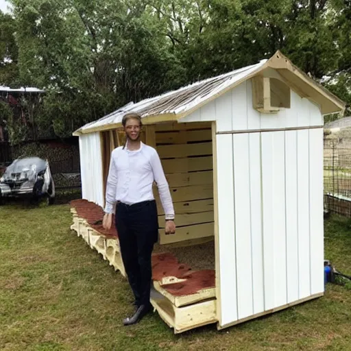 Prompt: man in a white dress builds a wooden shed out of pallets