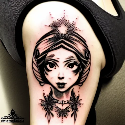 Prompt: tattoo design, stencil, portrait of princess daisy by artgerm, symmetrical face, beautiful