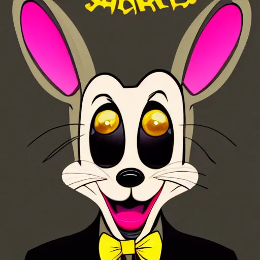 Image similar to A extremely highly detailed majestic hi-res beautiful, highly detailed head and shoulders portrait of a scary terrifying, horrifying, creepy black cartoon rabbit with scary big eyes, earing a shirt laughing, hey buddy, let's be friends, in the retro art style of Walt Disney