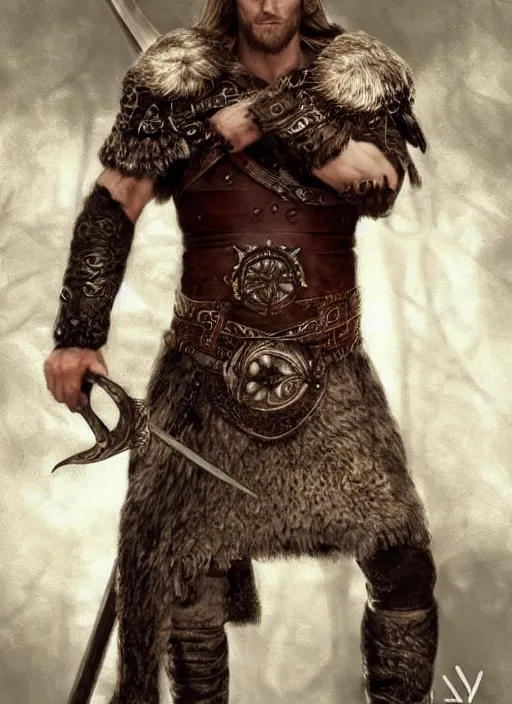 Prompt: aesthetic digital illustration of alexander skarsgard as a kneeling viking warrior, by anne stokes | dirty and bloody, concept art, character concept, matte background. unreal engine, finalrender, centered, deviantart, artgerm