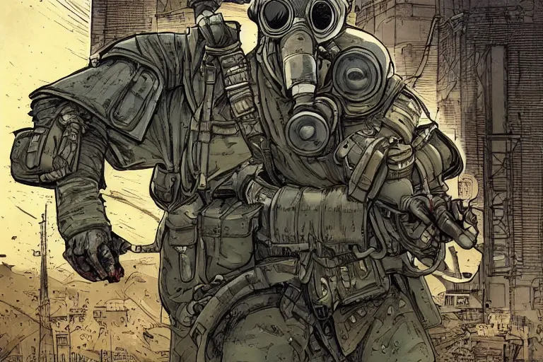 Image similar to comic book art by Dave Gibbons, 8K UHD: ( background = gasolinepunk city+ background detail = gasolinepunk architecture, high detailed, large depth of field) + (subject= dieselpunk WW1 soilder + subject detail= gas mask, dirty armored suit , muddy, cool pose, accurate body features, high level body suit, high detailed light refraction , high level texture render)