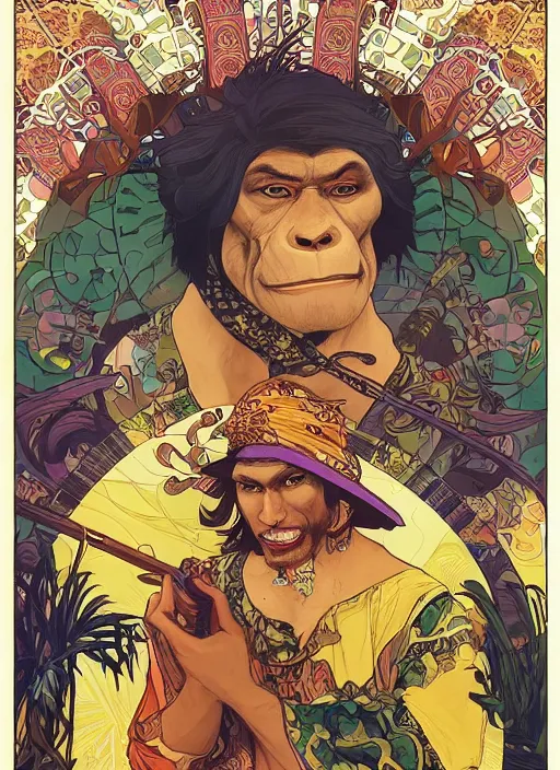 Prompt: portrait of a lazy apes wearing a costume made out batik designs, colorfull bandana, behance hd artstation, by moebius, alphonse mucha, ayami kojima, amano, greg hildebrandt, and mark brooks, masculine, male, art nouveau, neo - gothic, gothic, character concept design, dynamic light, stylised illustration, disco elysium