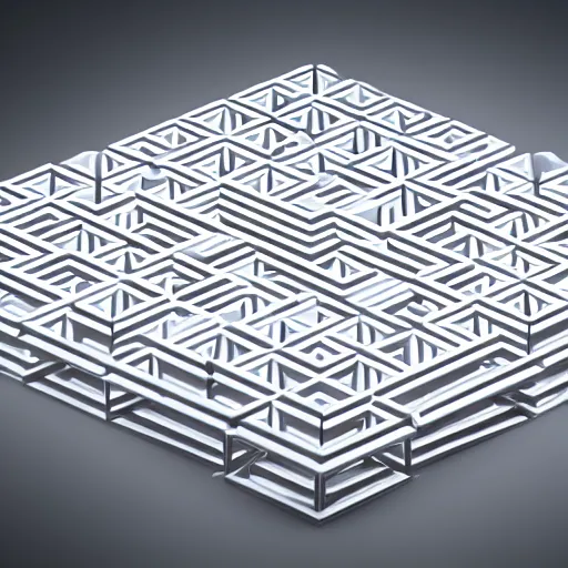 Image similar to high-definition photograph of a 3-dimensional cubic maze made out of metal, white background