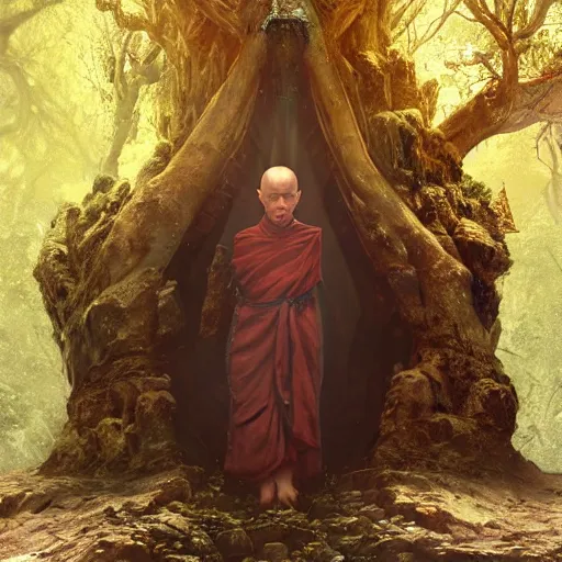 Prompt: ancient monk worshipping under the tree of wisdom, magical world, by greg rutkowski, sung choi, photo realistic, 8 k, cinematic lighting, hd, atmospheric, hyperdetailed, trending on artstation, devainart, digital painting, glow effect