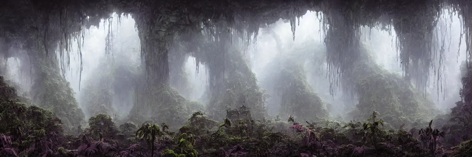 Prompt: overgrown deep underground cave on an exotic alien planet with a lush overgrown jungle of insectile alien trees, monolithic structures emitting cosmic astral energy, giant spider webs hanging from the cave ceiling nebula fog and cosmic mistby rodney matthews, al feldstein and greg rutkowski, artstation, octane, ue 5, photorealistic rende