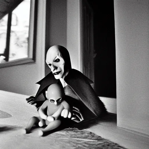 Image similar to portrait of nosferatu playing with his kid, realistic detailed photography, kodak 5 2 1 9 film, 5 0 mm lens