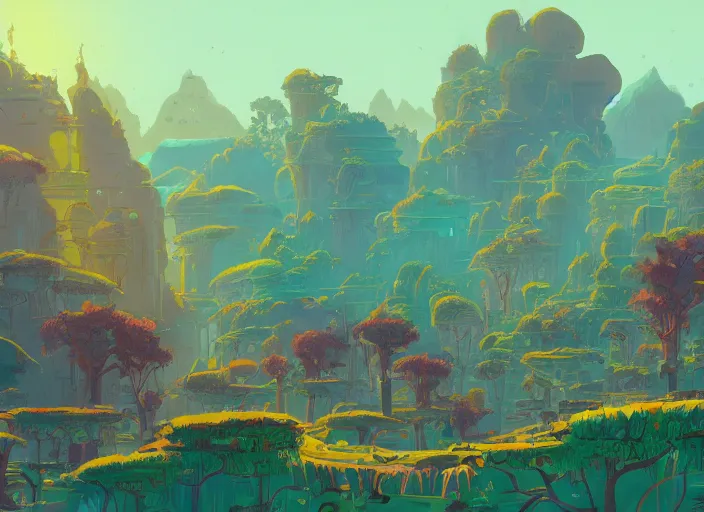 Image similar to concept art of a landscape made of bananas, cel shaded, in the style of makoto shinkai and moebius and peter mohrbacher and anton fadeev