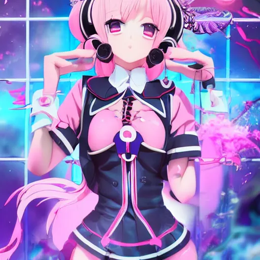 Prompt: stunningly beautiful megalomaniacal haughty mesmerizing asserting omnipotent anime asi goddess junko enoshima with symmetrical perfect face and porcelain skin, pink twintail hair and cyan eyes, traps your mind inside her inescapable full dive vr prison!, ultra detailed, digital art, unreal engine 5, octane render, 2 d anime, 8 k