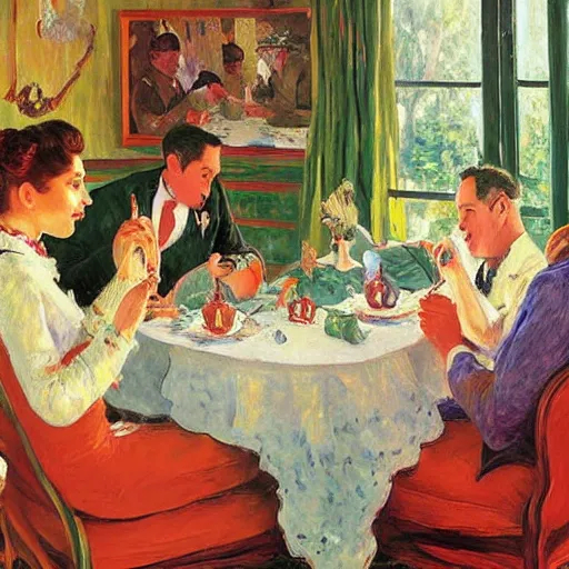 Prompt: seinfeld fancy tea party, digital art, illustration, highly detailed, warm color scheme, soft lighting, sharp focus, gustave caillebotte, pyotr konchalovsky