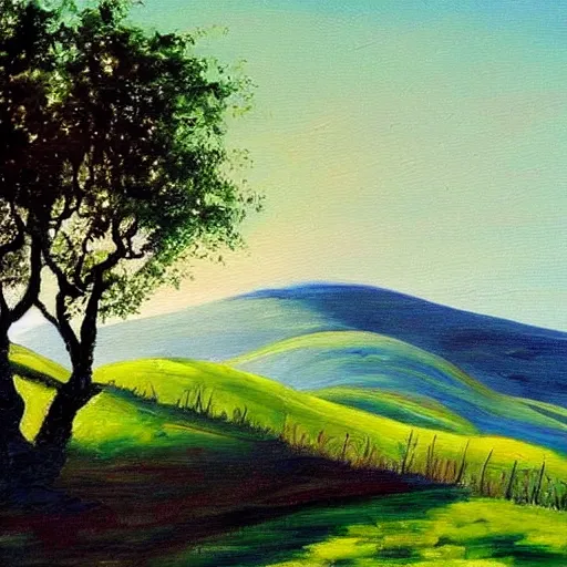 Image similar to !dream A painting of a landscape, with rolling hills, green fields, and a blue sky, in a pastoral style.