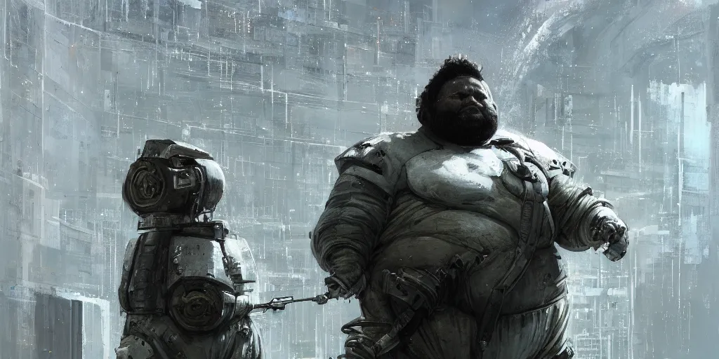 Image similar to portrait of a fat man sci fi soldier ranger, brutalist city architecture, dark epic, white and gold, cables and wires, high details, ceremonial clouds, dripping paint, fibonacci rhythm, artstation, art germ, wlop, pablo dominguez, sabbas apterus, award - winning, artstation