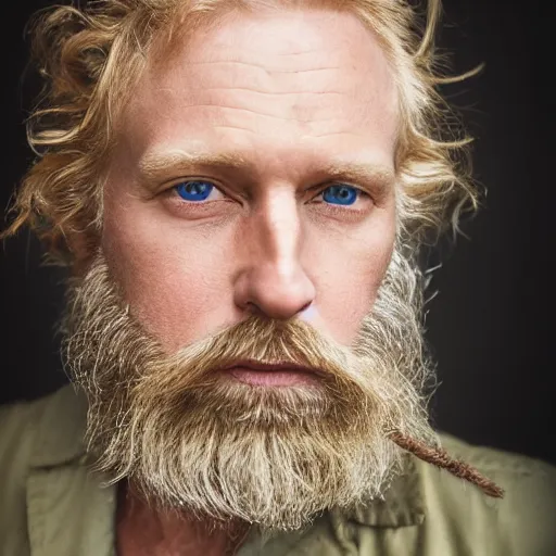 Image similar to close up of face of average looking 5 0 year old anglo saxon blond man with a blond beard and blond mutton chops, short wavy blond hair, green eyes, 1 8 0 0 s soldier, portrait, 4 k