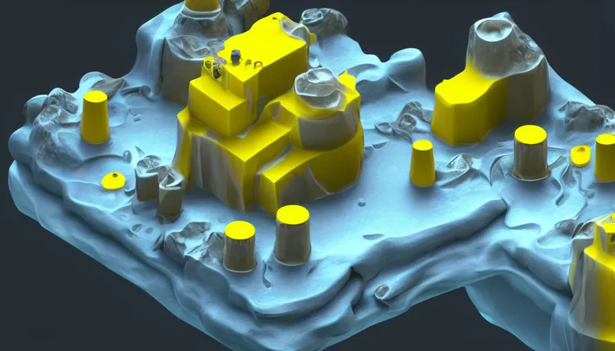 Image similar to liquid nitrogen with yellow water-cooling coolant flowing through latent representations of dark ice caverns undergoing centrifugal forces, illuminated by computer circuitry sticking out the walls, high detail, high contrast, low-poly elements, 90s low poly render, 4k upscaling