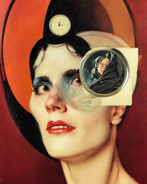 Image similar to head portrait of elegant space woman wearing monocle by norman rockwell, roberto ferri, daniel gerhartz, edd cartier, jack kirby, howard v brown, ruan jia, tom lovell, frank r paul, dean cornwell, astounding stories, amazing, fantasy, other worlds