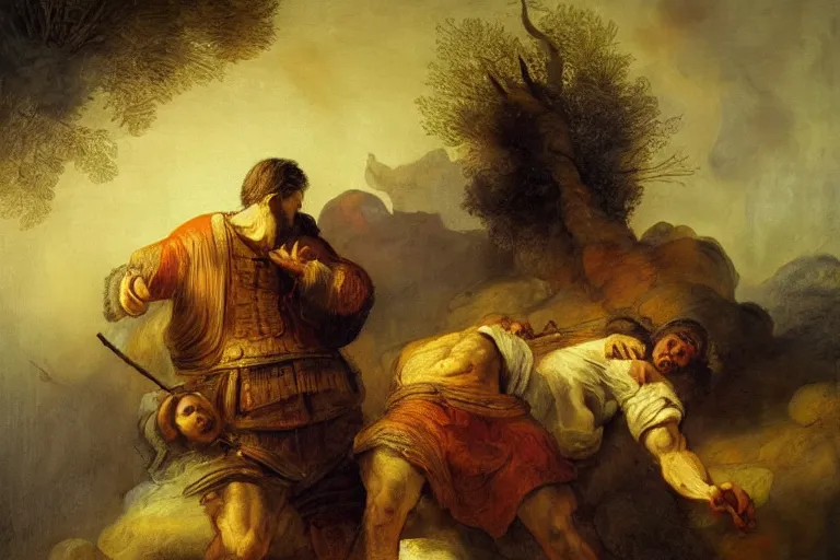 Prompt: Jordano Bruno in the style of The Sacrifice of Abraham by Rembrandt, oil painting, masterpiece, old master, grand master, digital painting, concept art, smooth, sharp focus, illustration by William-Adolphe Bouguerea