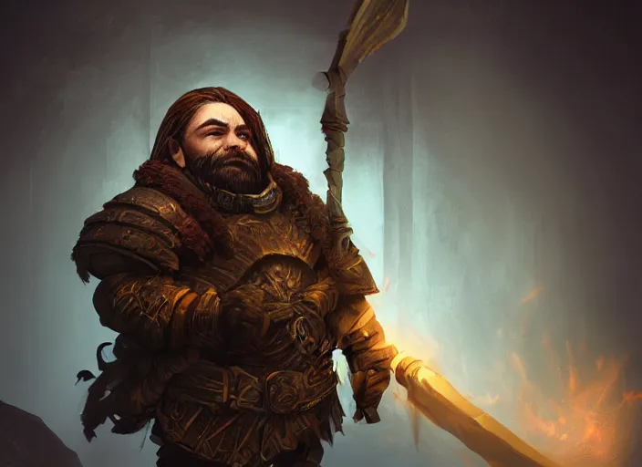 Image similar to Beautiful art portrait of a male dwarf warrior in a dark mystical dark dungeon setting, octane render, dungeons and dragons, dynamic lighting