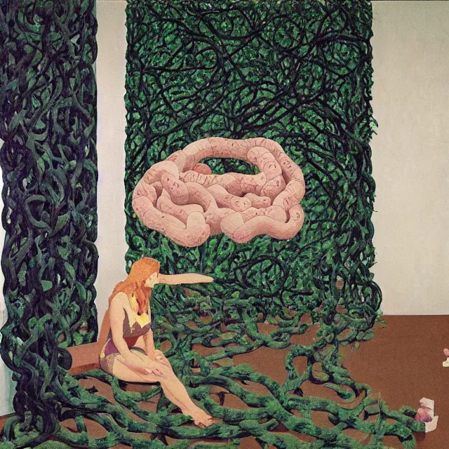 Image similar to a pathology student in her apartment, wrapped in vines, large stones, pig, black walls, ikebana, black armchair, puddles, moss, acrylic on canvas, surrealist, by magritte and monet